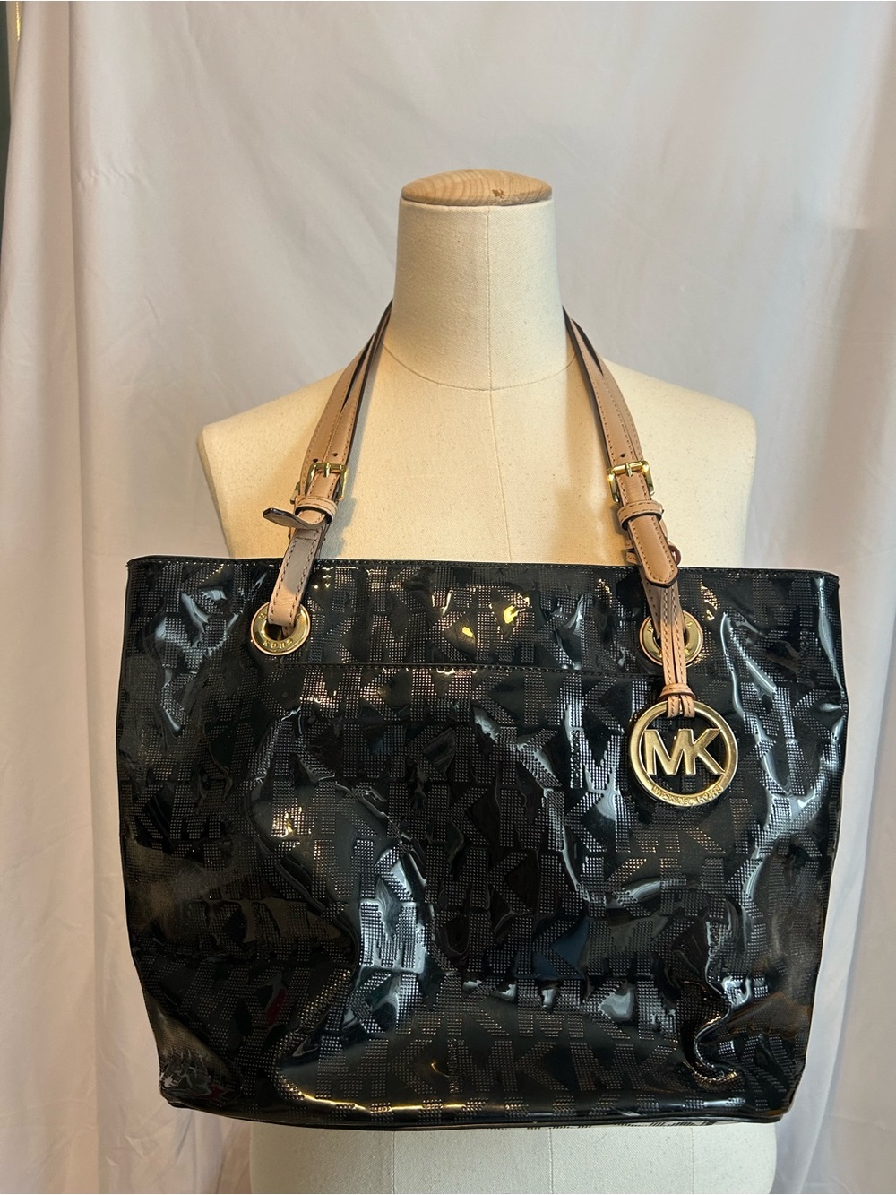 Michael Kors Black Patent Logo Tote with Tan Straps and Gold MK Charm
